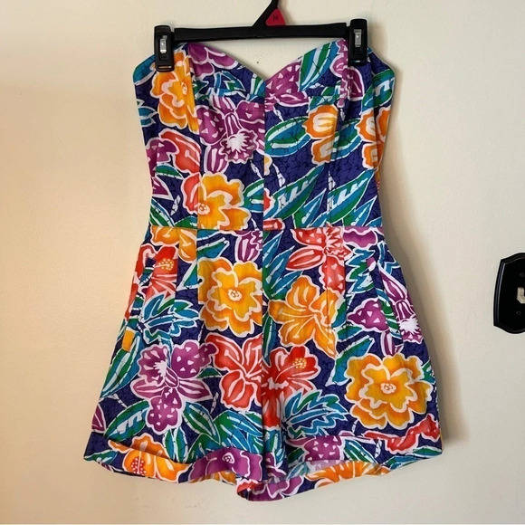 Rare Liz Sport Vintage 1980's Hawaiian Floral Print Strapless Cotton Romper Size - Picture 1 of 6